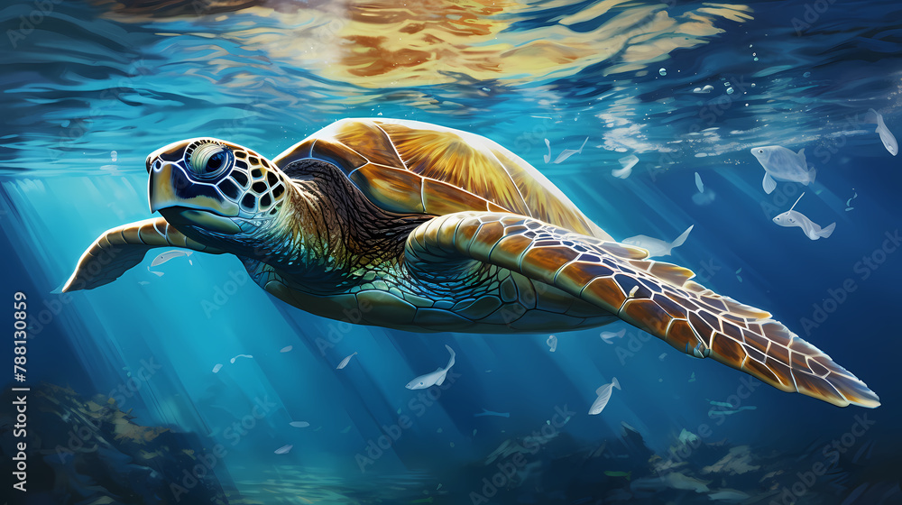Obraz premium A sea turtle swimming in the sea with a plastic bag