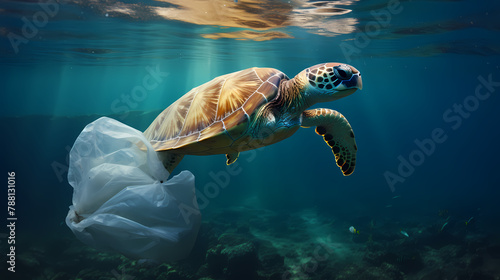 A sea turtle swimming in the sea with a plastic bag