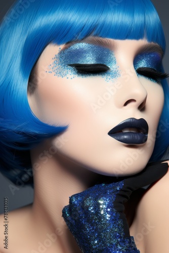A woman with blue hair and black lipstick poses for a photo