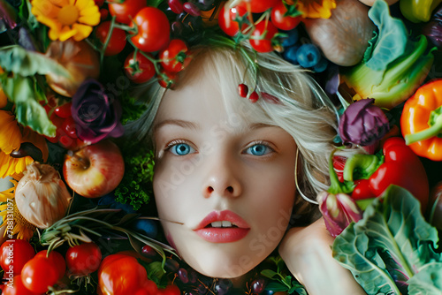 Beautiful girl with vegetables, bright colorful style