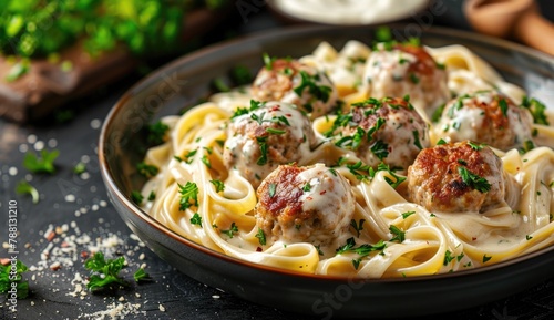 Bowl of pasta with meatballs and parsley