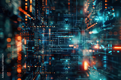 close up image of a futuristic cybernetic background with an intense network of lights and connections © AlfredoGiordano