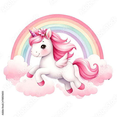 Flying Unicorn with Rainbow and Clouds Illustration 