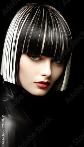A woman with black and white hair is wearing a black jacket and a red lipstick