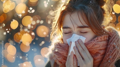 Woman blowing nose with tissue