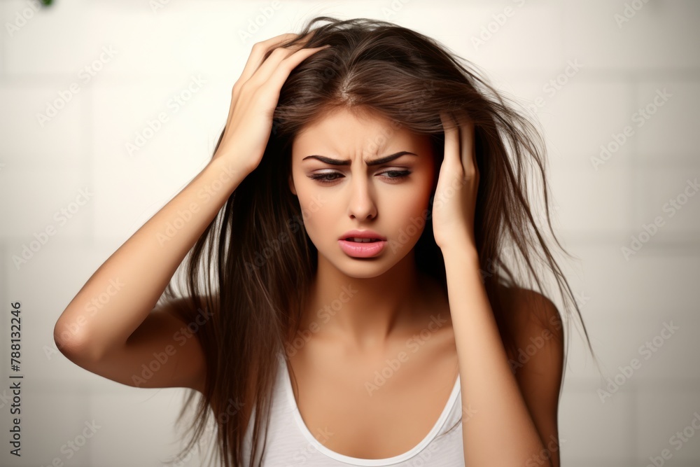 A woman with long hair is looking at the camera with a worried expression