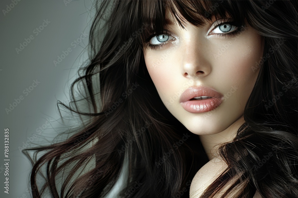 Naklejka premium A woman with long dark hair and a blue eye
