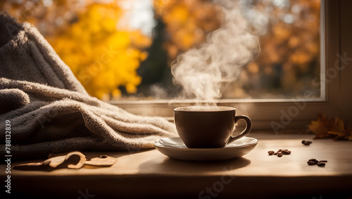 Cup of coffee with warm scarf on windowsill in autumn day