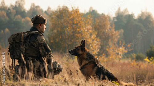 Ukrainian soldier with German shepherd dog outdoors.