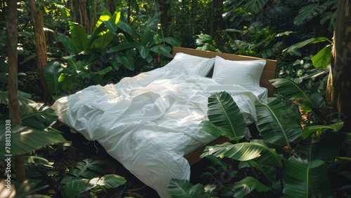 white soft bed in a summer green forest surrounded by plants, symbolizing a healthy comfortable sleep in nature