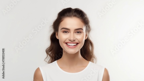 Universal photorealistic banner with a girl smiling with beautiful white teeth, close-up on a white plain background, close-up with space to insert text