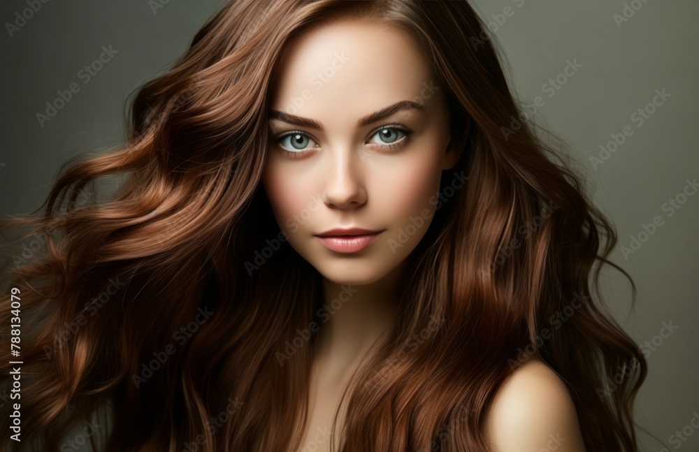 A woman with long brown hair and a bright blue eye