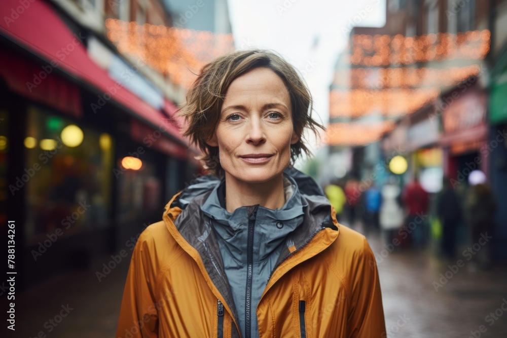 Fototapeta premium Portrait of a content woman in her 40s wearing a lightweight packable anorak in front of vibrant market street background