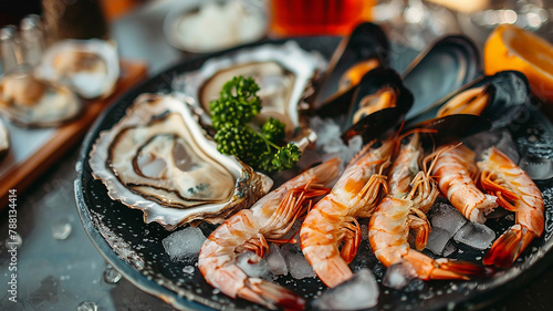 Oysters and mussels in a shell, boiled shrimp, on a decorative plate on the table in a restaurant