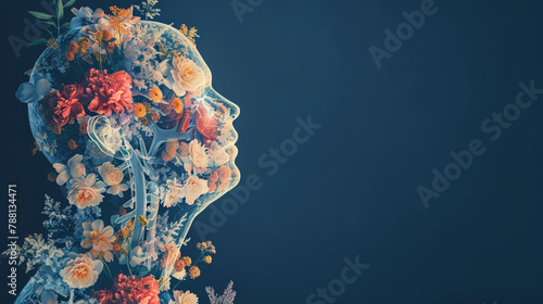  World Asthma Day. head silhouette of human made up of flowers Awareness of lung cancer, pneumonia, asthma, COPD, pulmonary hypertension, world no tobacco day and eco air  photo