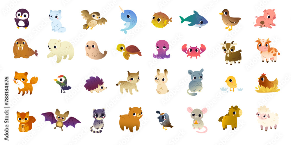 Big set of cartoon animals. Vector collection of cute animals. Bundle of funny baby animals.
