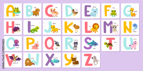 Cute english alphabet cards for kids with animals. Bright Abc learning set with cartoon wild animals.