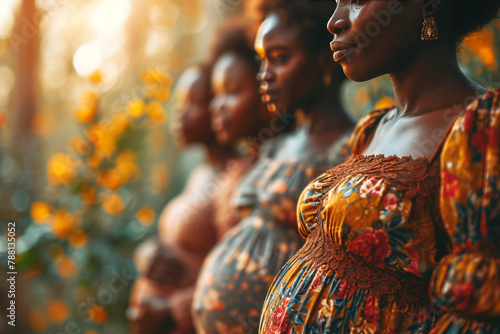 A group of young pregnant women in a number of different races. Happy motherhood, tummy with a healthy baby.