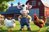 Illustration of smiling cute cartoon character cow in overalls standing next to white chicken and rooster on background of farmhouse on summer day, rural landscape