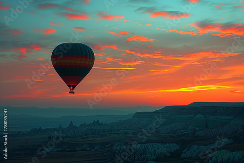 A kaleidoscopic hot air balloon hovers over Cappadocias distinctive rock formations bathed in soft dawn light © Anna