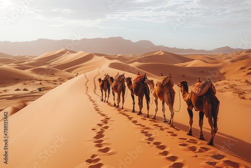 Camelcade on sand dune at desert photo