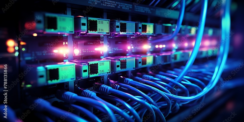 Naklejka premium Telecommunication Ethernet Cables Connected to Internet Switch, Data Center Concept