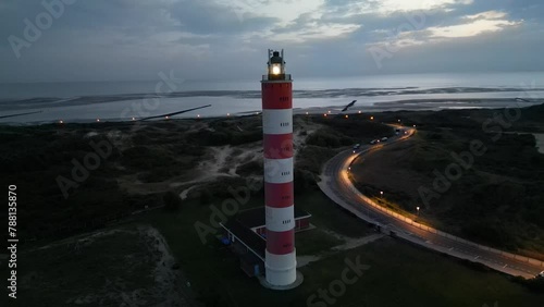 Aerial view of Berck Sur Mer Lighthouse at sunset, Pas de Calais, France.