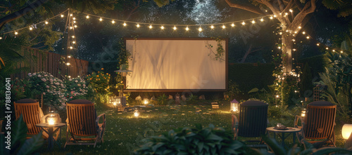 A outdoor cinema setup in the backyard  with seats and string lights around an old movie screen