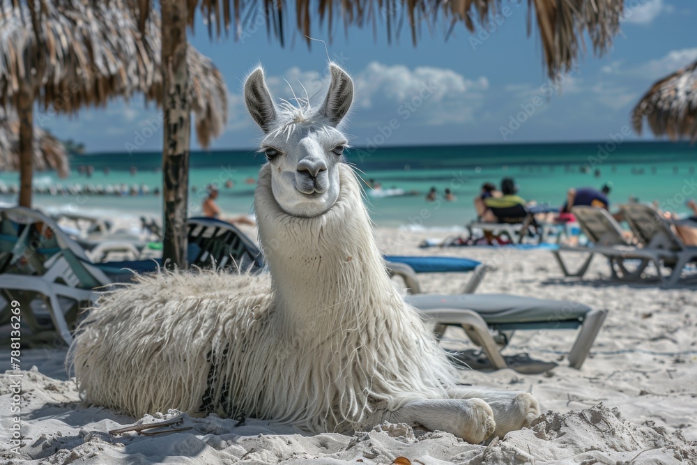 Fototapeta premium A llama laying on the beach under a palm tree, AI