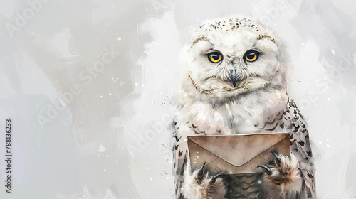 world harrypotter day May 2, 2024, Attractive watercolor owl holding letter art design, can be used on all social media platforms, cards, banners , studios, promotion, story books  photo