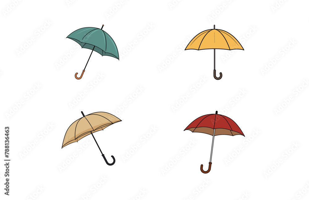 Umbrella Flat Vector Illustrations, Cartoon umbrella icons, Colorful Open Umbrella Set.