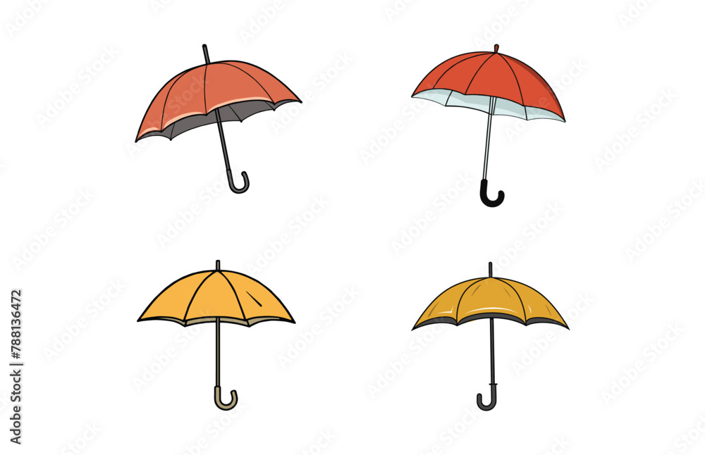 Umbrella Flat Vector Illustrations, Cartoon umbrella icons, Colorful Open Umbrella Set.
