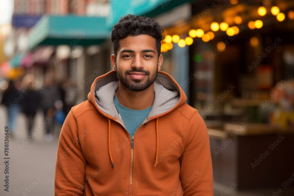 Fototapeta premium Portrait of a satisfied indian man in his 20s sporting a comfortable hoodie on vibrant market street background
