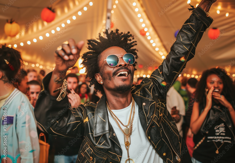 Afro man smiles joyfully and raises one arm to dance festival party with other people dancing in dark gray jackets and festive decorations