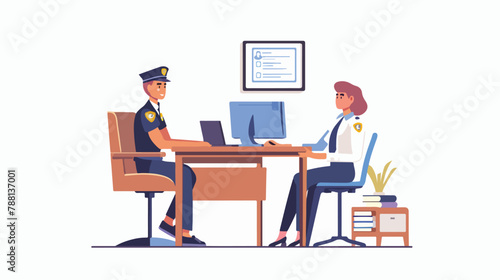Woman sitting at desk with policeman looking at compu
