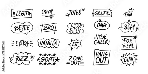 Set of slang words, hand drawn lettering of modern short phrases. Gen Z buzzwords, millenial catchphrases in vector photo