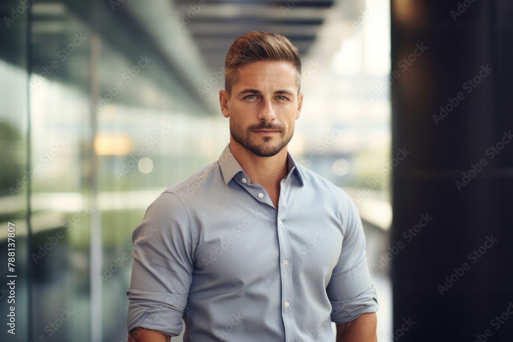 Portrait of a tender man in his 30s donning a trendy cropped top on sophisticated corporate office background Portrait of a tender man in his 30s donning a trendy cropped top on sophisticated corporate office background