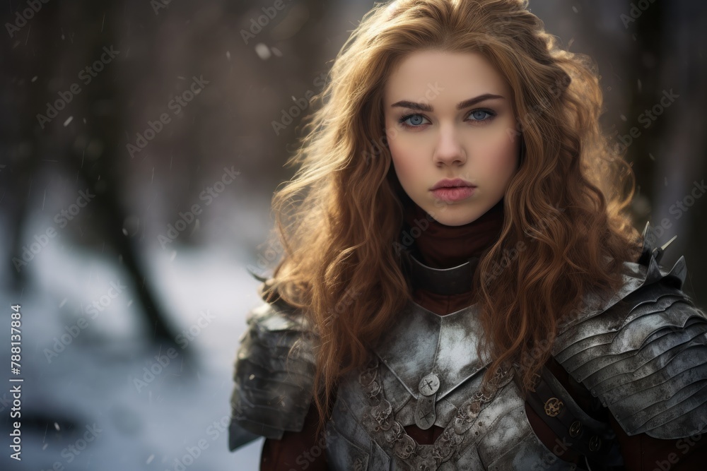 Portrait of a beautiful and fierce female warrior with long curly brown hair and blue eyes, wearing silver knight armor in a winter forest with copy space. Fantasy and cinematic style. Portrait of a beautiful and fierce female warrior with long curly brown hair and blue eyes, wearing silver knight armor in a winter forest with copy space. Fantasy and cinematic style.