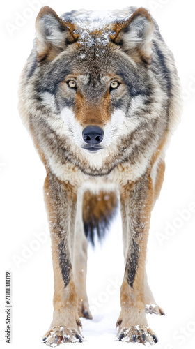 front view gray wolf walking forward isolated on white background