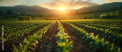 Eco-Friendly Leek Field at Sunset. Concept Eco-Friendly, Leek Field, Sunset, Agriculture, Nature