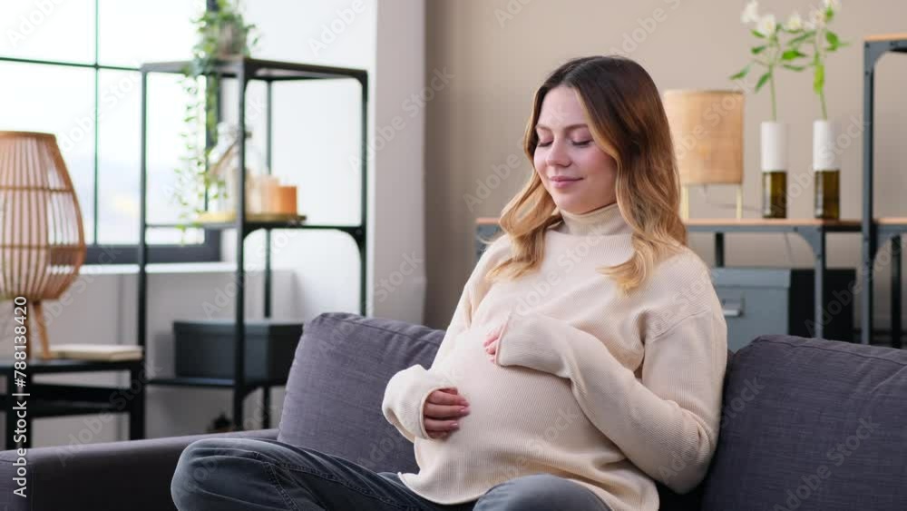 Happy Caucasian young pregnant woman touching belly on sofa at home living room. Resting at home, expecting childbirth and maternity. Happy Caucasian young pregnant woman touching belly on sofa at home living room. Resting at home, expecting childbirth and maternity.