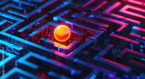 A single orange glowing pill standing in the center of an endless maze made up entirely of colorful lines, with each line representing one level or room
