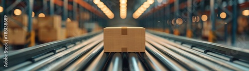 A focused perspective showcases a parcel swiftly moving along a conveyor belt, highlighting the seamless progression of goods through the supply chain. photo