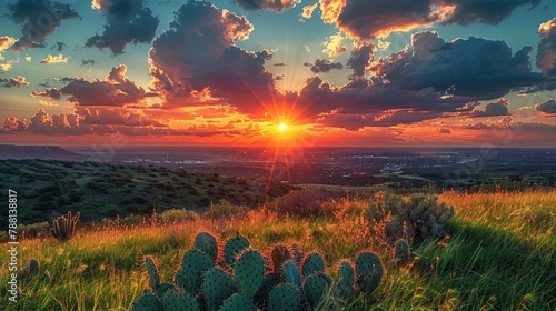 A beautiful sunset over cacti and green grass in the foreground, dramatic clouds overhead. Generative AI. photo