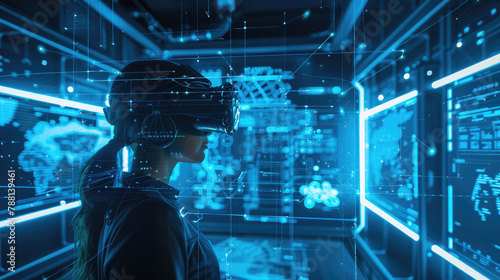 immersive virtual reality future technology with illustration of person using vr headset blue technology with abstract lines around dark background