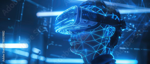 immersive virtual reality future technology with illustration of person using vr headset blue technology with abstract lines around dark background created with Generative AI Technology