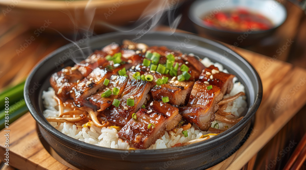 A Braised pork belly covered rice. Generative AI. A Braised pork belly covered rice. Generative AI.
