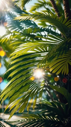 Tropical palm with Sunlight filtering through green palm leaves and shining bokeh, vacation relax concept photo