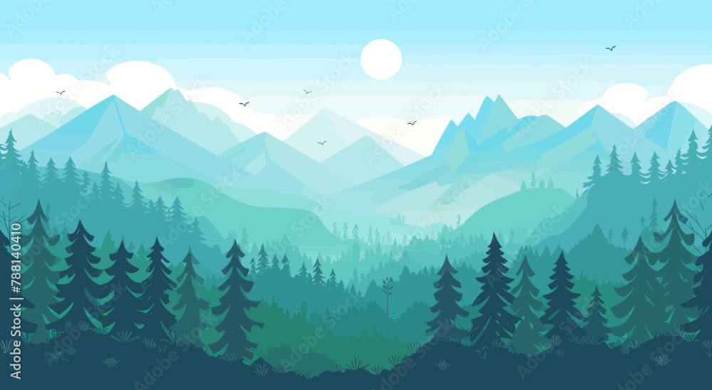 a mountain landscape with pine trees and birds flying in the sky