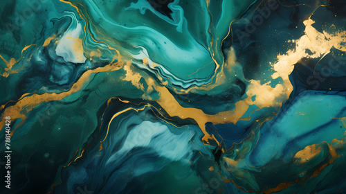 Green gold Abstract flowing paint marbling effect background banner 16:9 © Stamplovesink